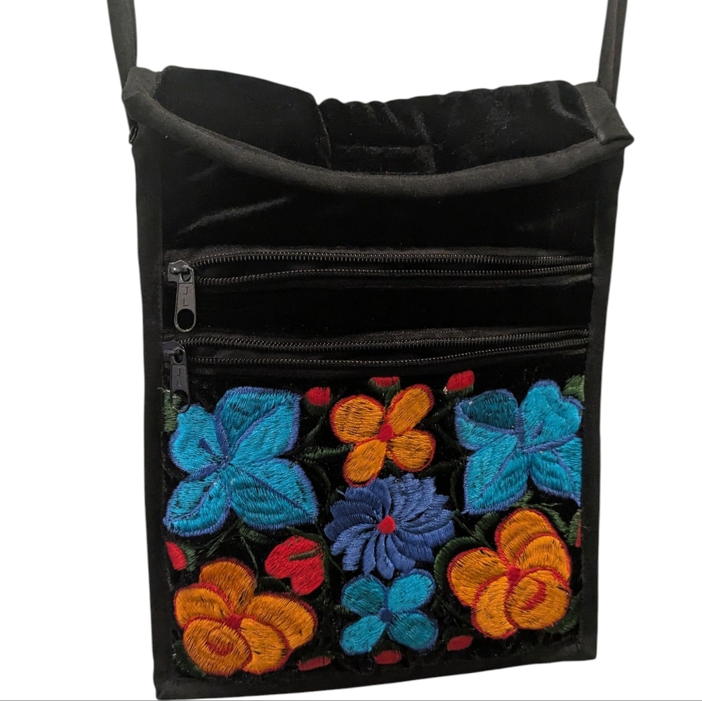 Embroidered Black Velvet Floral Crossbody Bag